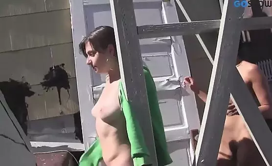 StrapOn Lesbian Fun Outdoors with Double Dildos